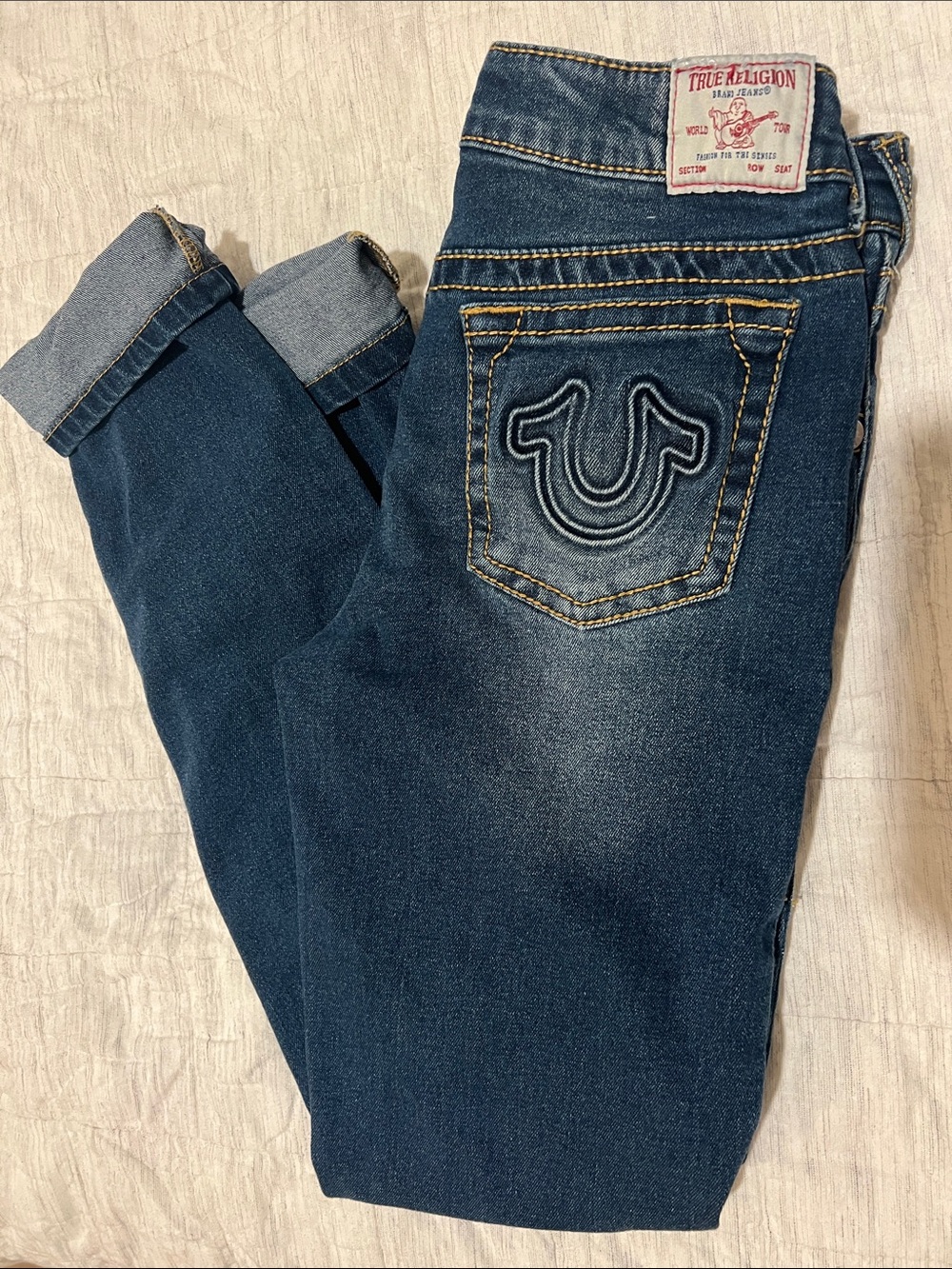 True Religion Indigo Blue Embroidered Horseshoe Pocket Jeans